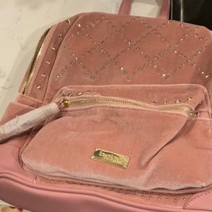 Bebe pink velvet backpack with rhinestones and gold hardware nwt!!Firm